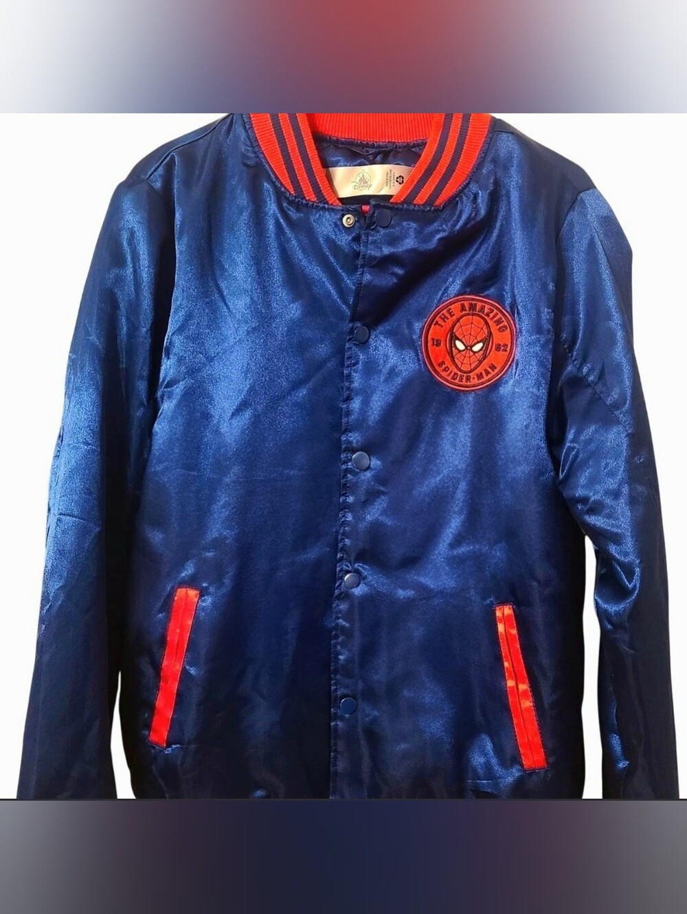 Spider-Man Blue Satin Varsity Jacket with Red Trim